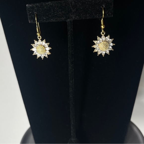 Nickel-Free Handmade Gold Sunflower Dangle Earrings with Crystal Petals - Picture 1 of 5
